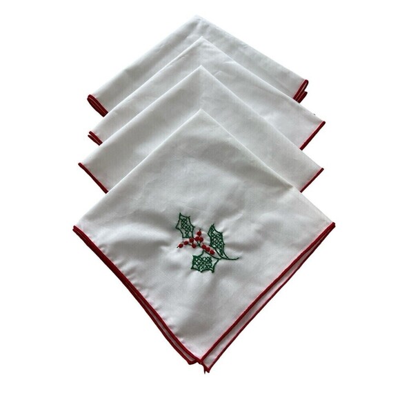 Set of 4 White Cotton Christmas Napkins Hand Sewn Holly & Berries 17 x 16 Clean - Picture 1 of 5